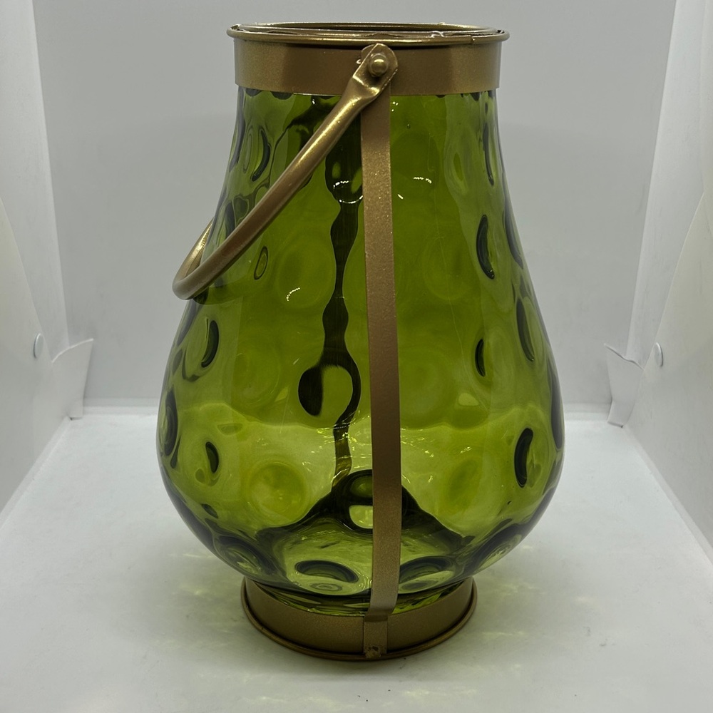 Green Glass With Gold Metal Handle Candle Holder 11” Decor - Picture 2 of 9